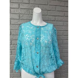 Lark Lane Women Blue Sheer Floral Long Sleeve Blouse Size 16